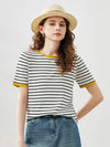 COMOBOCA Women's Striped Ribbed Contrast Trim T-Shirt