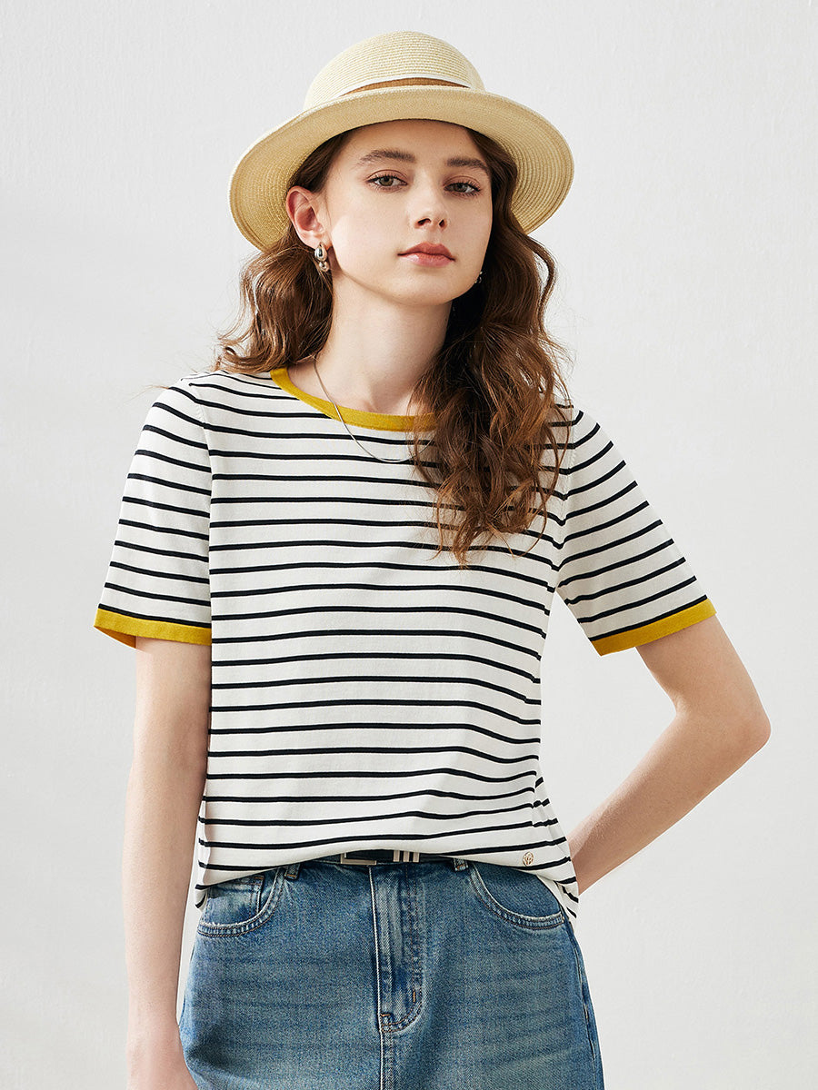 COMOBOCA Women's Striped Ribbed Contrast Trim T-Shirt