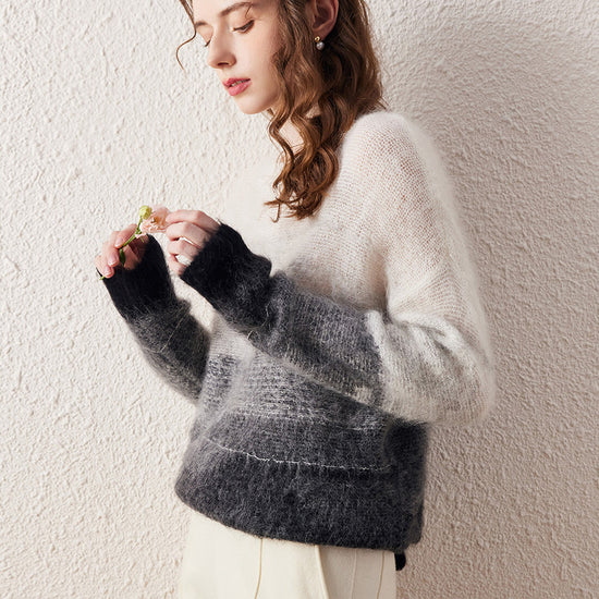 COMOBOCA Women's Mohair Crew Neck Gradient Knit Sweater