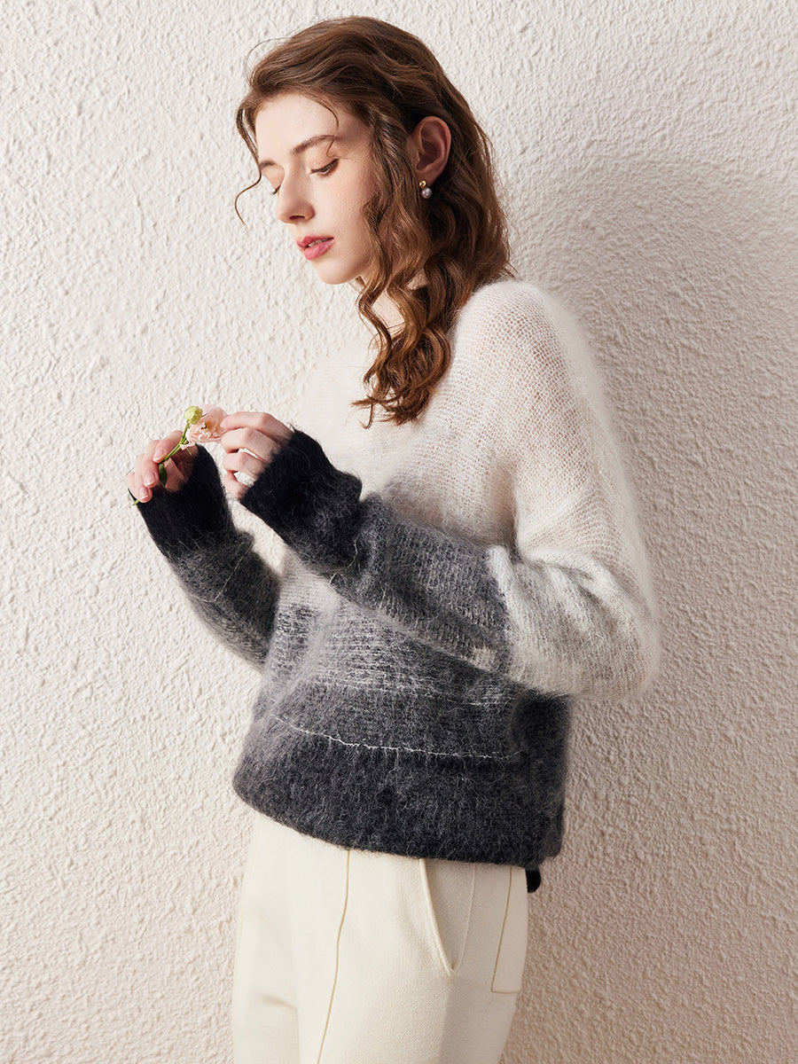 COMOBOCA Women's Mohair Crew Neck Gradient Knit Sweater
