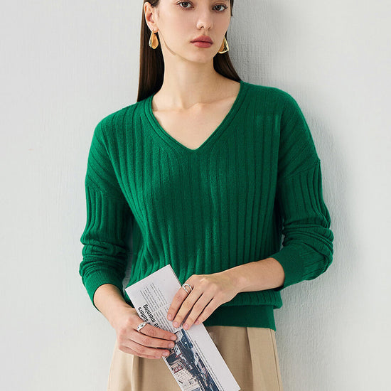 COMOBOCA 100% Cashmere Women's Cozy Ribbed V-Neck Sweater