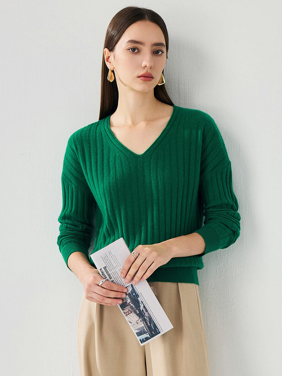 COMOBOCA 100% Cashmere Women's Cozy Ribbed V-Neck Sweater
