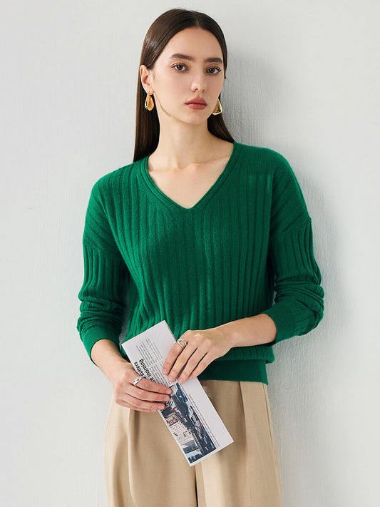 COMOBOCA 100% Cashmere Women's Cozy Ribbed V-Neck Sweater