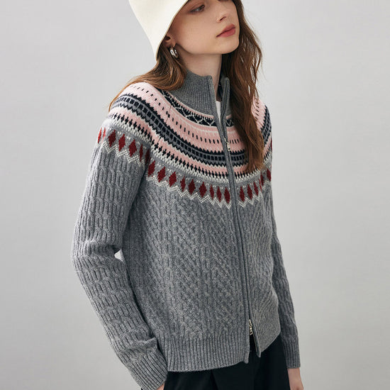 COMOBOCA 100% Wool Women's Fair Isle Zip Up Cable Knit Cardigan
