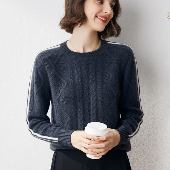 COMOBOCA 100% Cashmere Women's Crew Neck Intarsia Knit Sweater