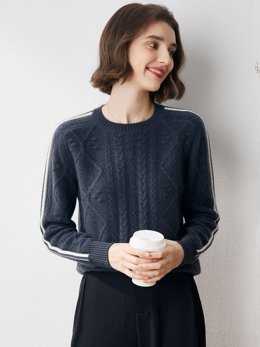 COMOBOCA 100% Cashmere Women's Crew Neck Intarsia Knit Sweater