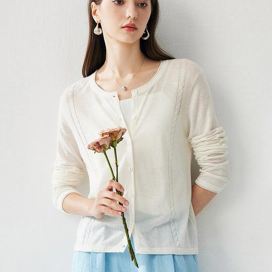 COMOBOCA White Women's Button-Up Cardigan with Cable Knit Detail