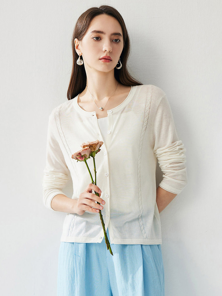 COMOBOCA White Women's Button-Up Cardigan with Cable Knit Detail