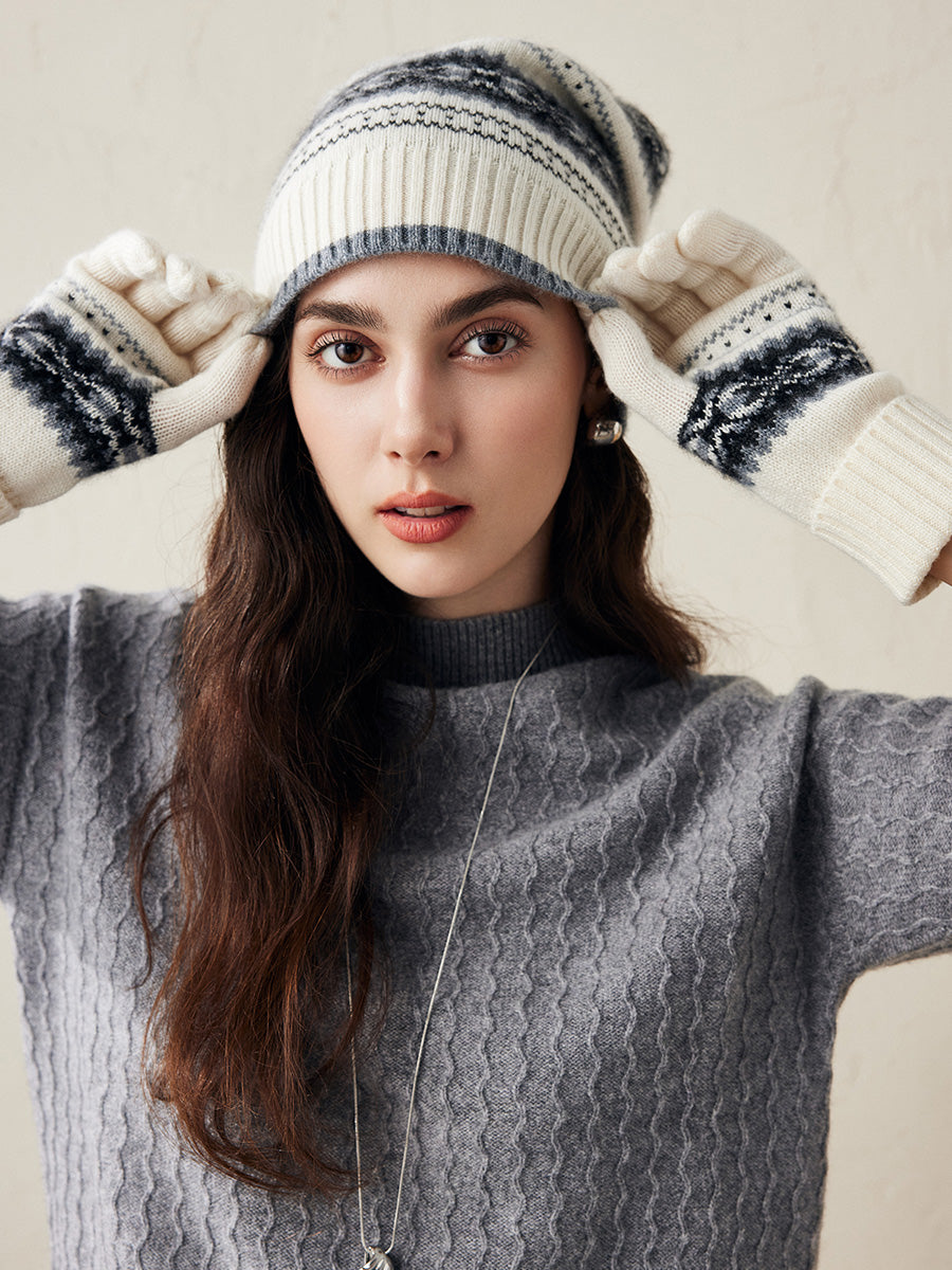 COMOBOCA 100% Cashmere Soft Knit Gloves with Nordic Design