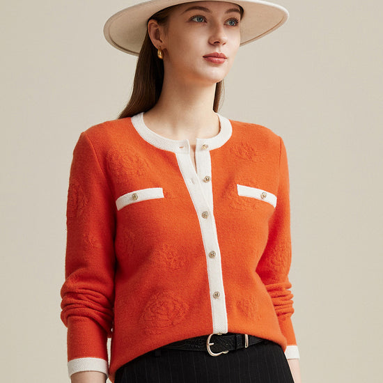 COMOBOCA Orange 100% Wool Women's Contrast Trim Floral Embroidery Cardigan