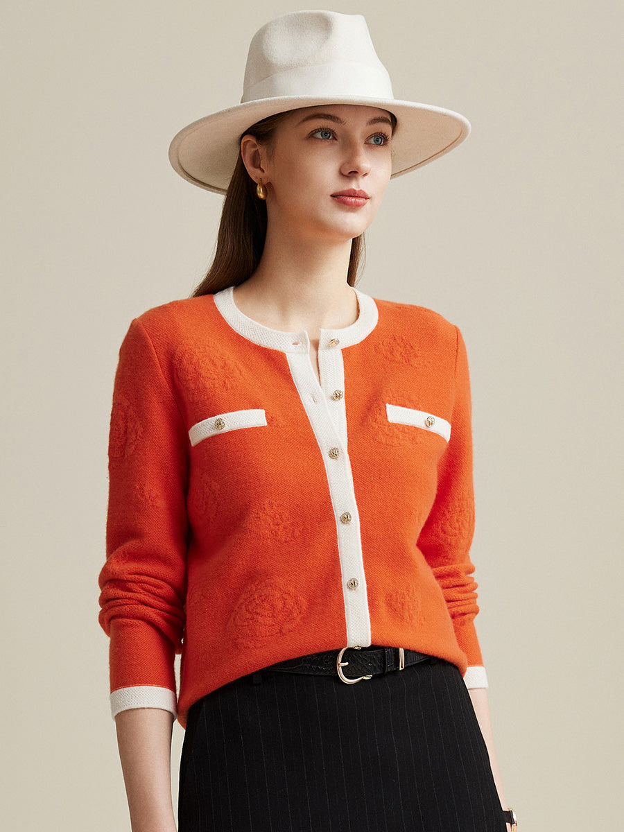 COMOBOCA Orange 100% Wool Women's Contrast Trim Floral Embroidery Cardigan