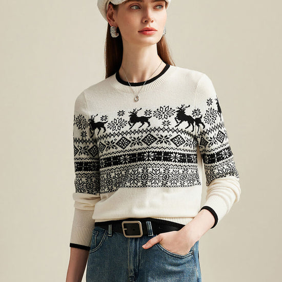 COMOBOCA 100% Cashmere Women's Nordic Reindeer Knit Sweater