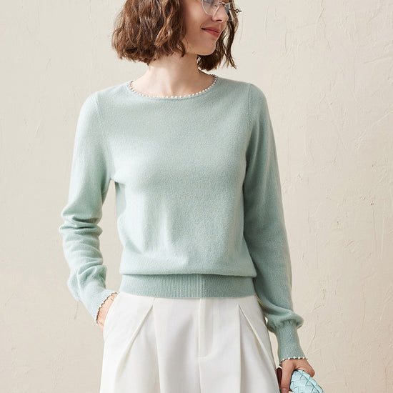 COMOBOCA Light Green 100% Cashmere Women's Pearl-Trimmed Knit Sweater