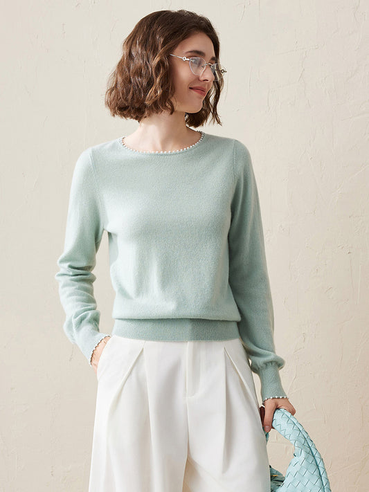 COMOBOCA Light Green 100% Cashmere Women's Pearl-Trimmed Knit Sweater