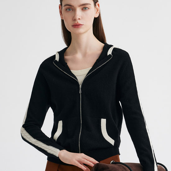 COMOBOCA Black 100% Cashmere Women's Color Block Zip Up Hoodie