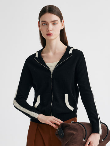 COMOBOCA Black 100% Cashmere Women's Color Block Zip Up Hoodie