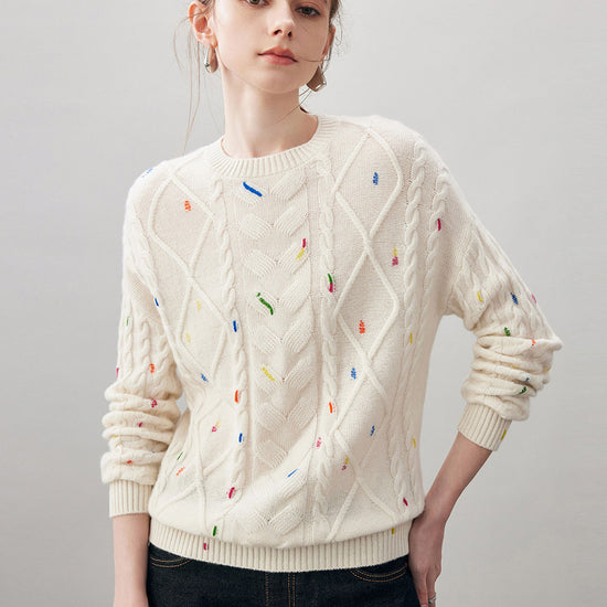 COMOBOCA 100% Cashmere Women's Cable Knit Colorful Accents Sweater