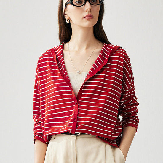 COMOBOCA Red Women's Striped Button Hooded Cardigan