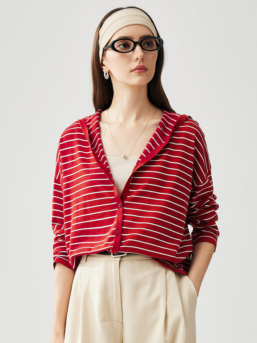 COMOBOCA Red Women's Striped Button Hooded Cardigan