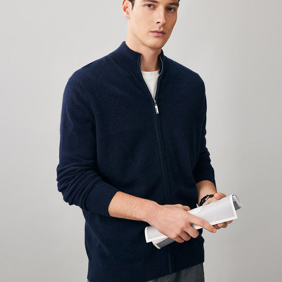 COMOBOCA 100% Cashmere Men's Full Zip Mock Neck Knit Cardigan