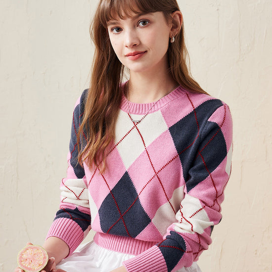 COMOBOCA Pink 100% Wool Women's Argyle Pattern Knit Sweater