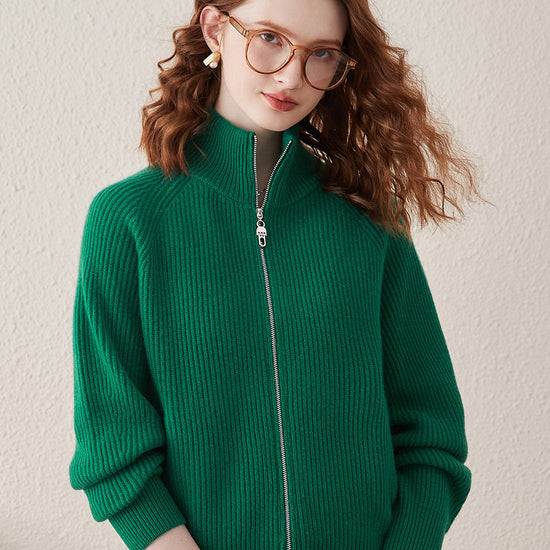 COMOBOCA Green 100% Wool Women's Half-High Neck Zip Cardigan