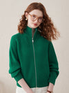 COMOBOCA Green 100% Wool Women's Half-High Neck Zip Cardigan