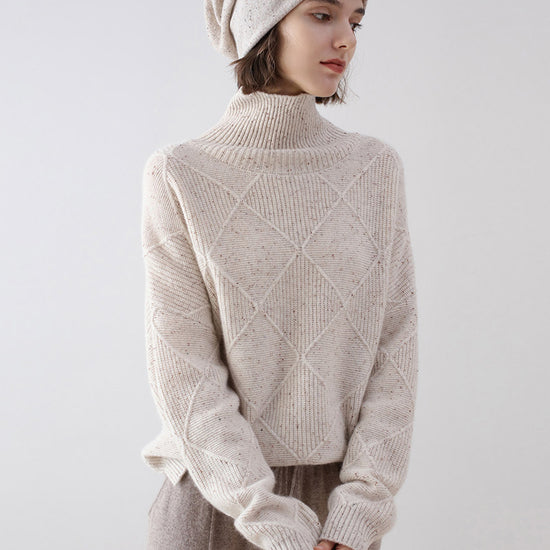 COMOBOCA Beige 100% Cashmere Women's Diamond Knit Turtleneck Sweater