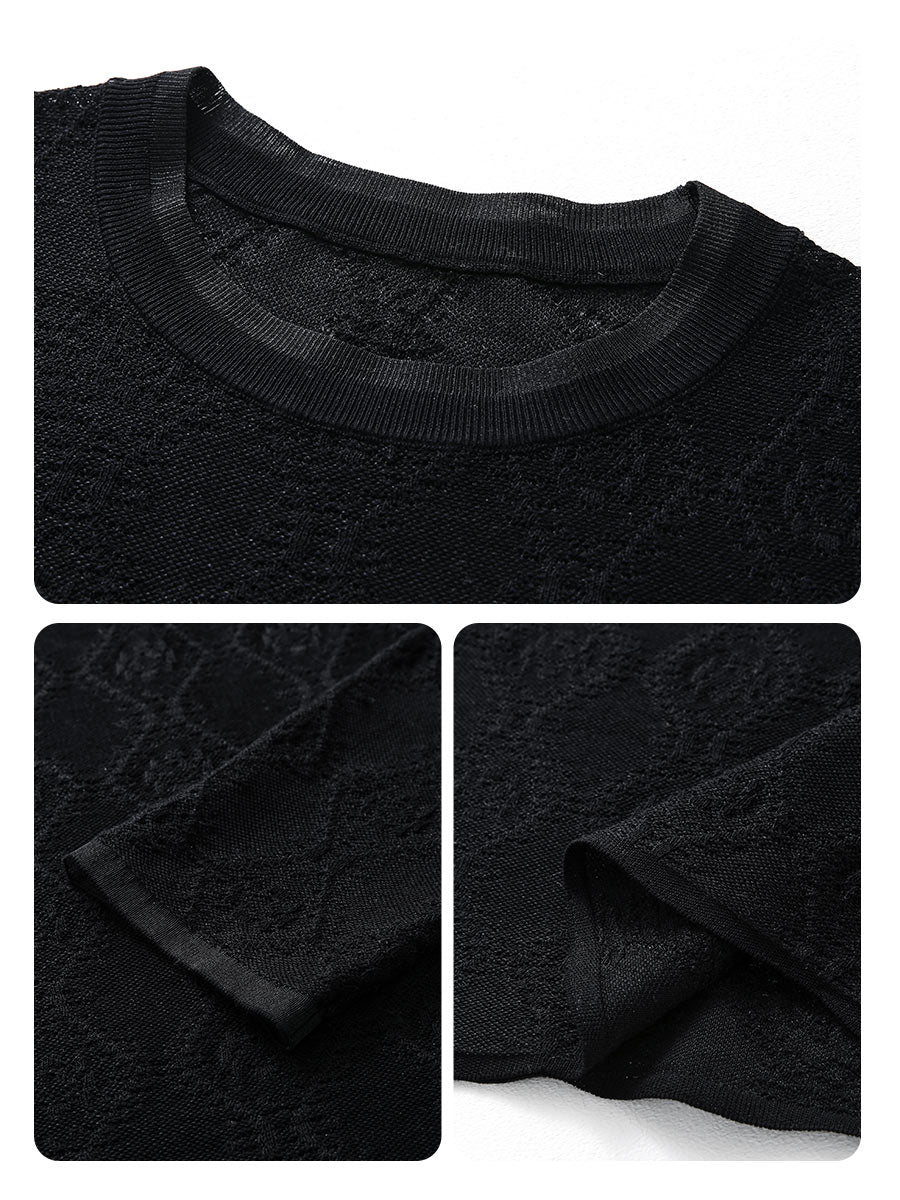 COMOBOCA Women's Textured Sheer Knit Round Neck Sweater