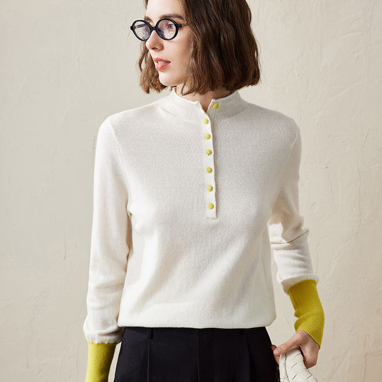 COMOBOCA White 100% Cashmere Women's Button Down Contrast Cuff Knit Sweater