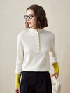 COMOBOCA White 100% Cashmere Women's Button Down Contrast Cuff Knit Sweater