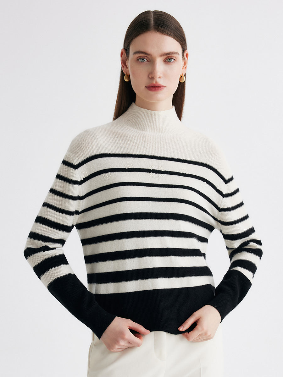 COMOBOCA 100% Cashmere Women's Striped Mock Neck Knit Sweater