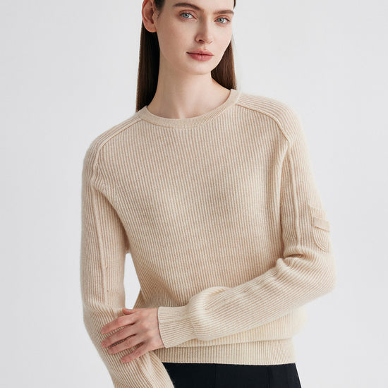 COMOBOCA Beige 100% Cashmere Women's Ribbed Round Neck Sweater