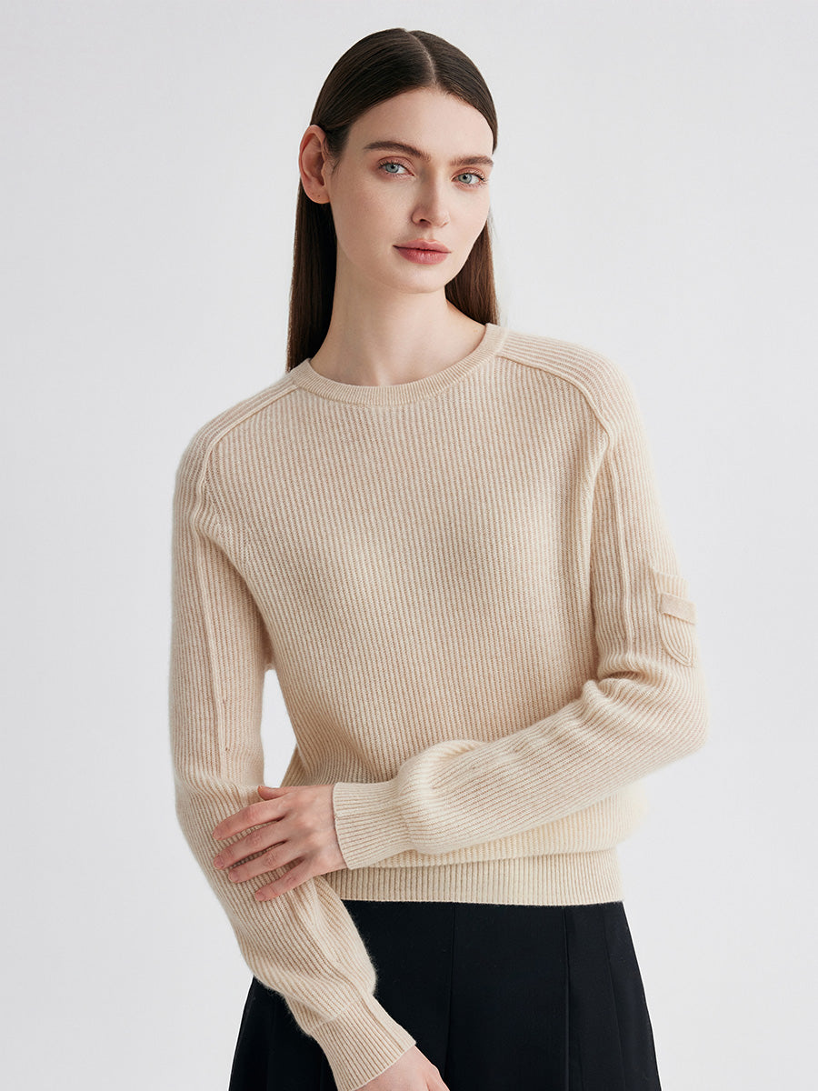 COMOBOCA Beige 100% Cashmere Women's Ribbed Round Neck Sweater