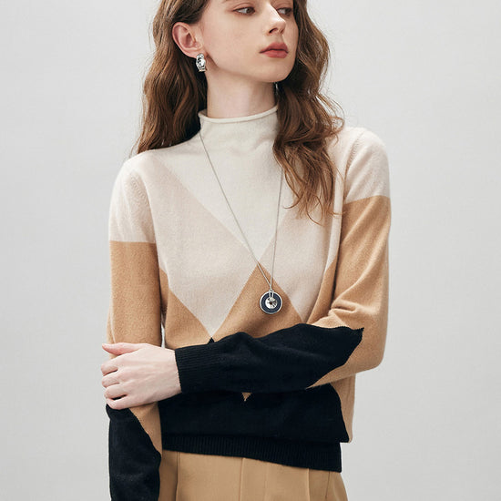 COMOBOCA 100% Cashmere Women's Turtleneck Geometric Ribbed Sweater