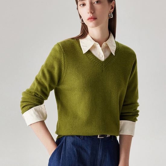 COMOBOCA 100% Wool Women's V-Neck Ribbed Knit Sweater