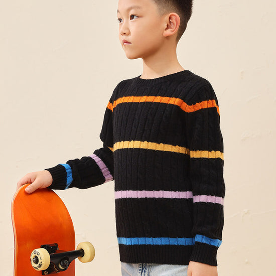 COMOBOCA Black 100% Wool Kids' Colorful Striped Knit Sweater