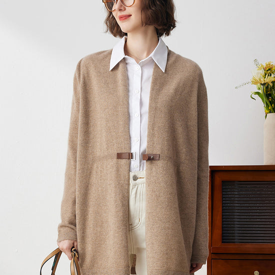 COMOBOCA Beige 100% Cashmere Women's Leather Buckle Knit Coat