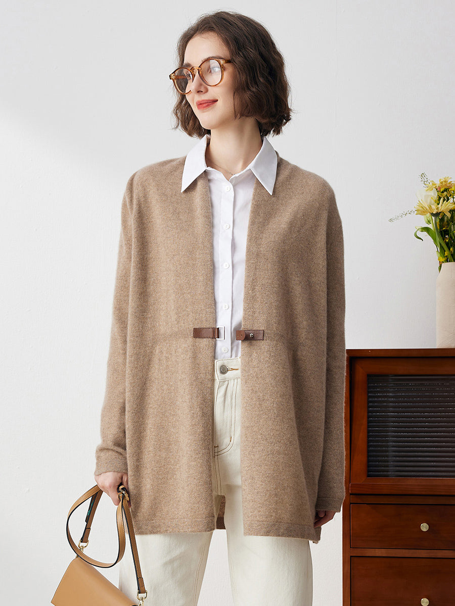 COMOBOCA Beige 100% Cashmere Women's Leather Buckle Knit Coat