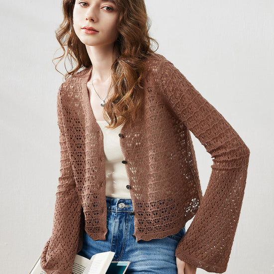 COMOBOCA Coffee Women's Bell Sleeve Lace Knit Cardigan