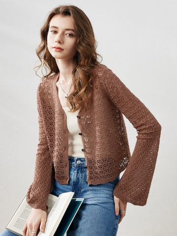 COMOBOCA Coffee Women's Bell Sleeve Lace Knit Cardigan