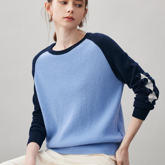 COMOBOCA 100% Cashmere Women's Color Block Round Neck Sweater