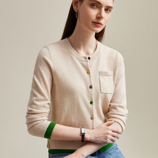 COMOBOCA 100% Cashmere Women's Contrast-Trim Pocket Cardigan