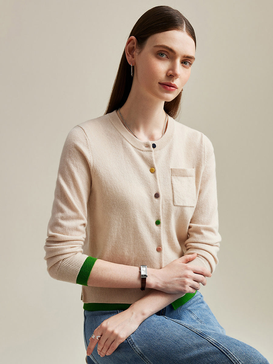 COMOBOCA 100% Cashmere Women's Contrast-Trim Pocket Cardigan