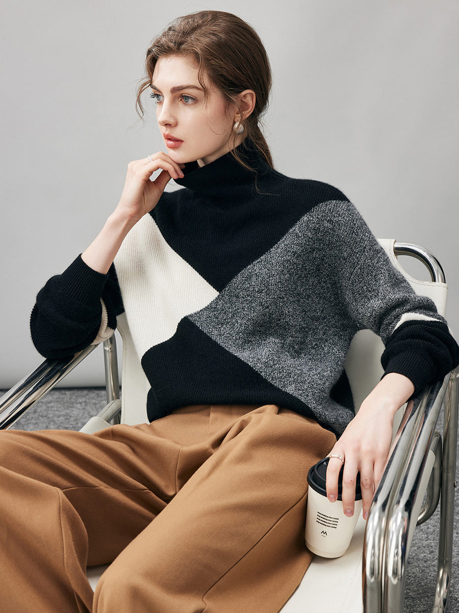 COMOBOCA 100% Cashmere Women's Geometric Turtleneck Sweater