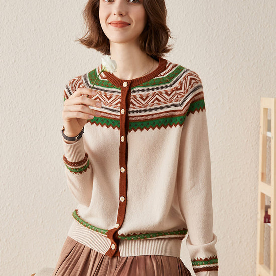 COMOBOCA Geometric 100% Cashmere Women's Vintage Inspired Geometric Knit Cardigan