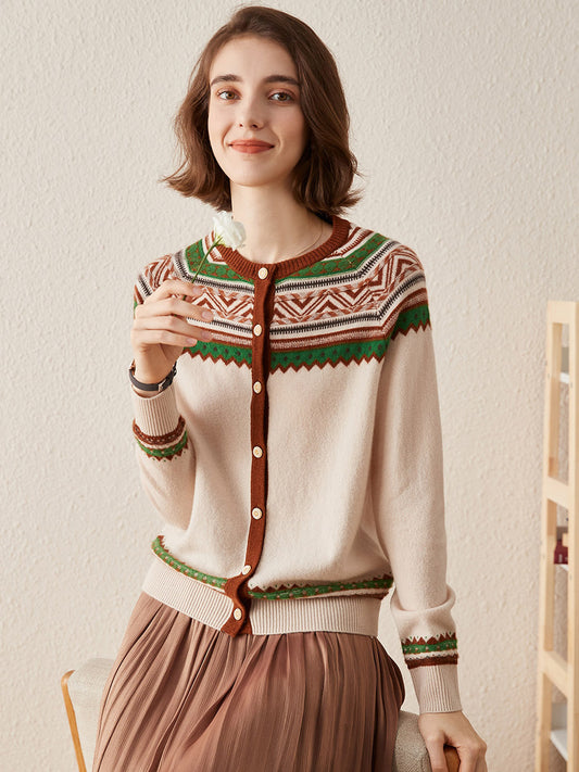 COMOBOCA Geometric 100% Cashmere Women's Vintage Inspired Geometric Knit Cardigan