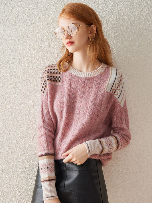COMOBOCA Pink 100% Cashmere Women's Intricate Sleeve Knit Sweater