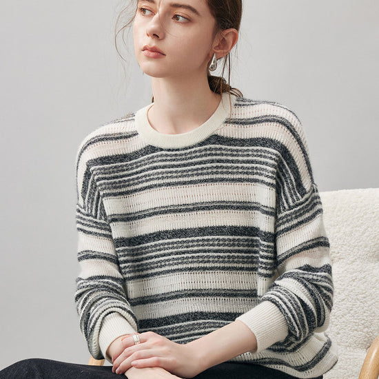 COMOBOCA 100% Cashmere Women's Striped Knit Round Neck Sweater