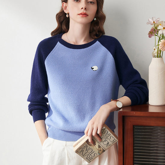 COMOBOCA Light Blue 100% Wool Women's Contrast Sleeve Sweater